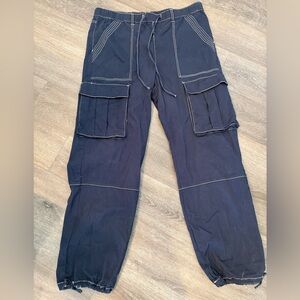 Hot Kiss Men's XL Mid Rise Relaxed Fit Navy Cargo Pants White Stitching NWT